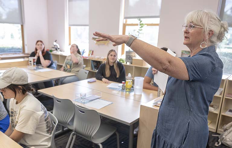 Laurie Stockton-Moreno teaching a class in the Franks School of Education
