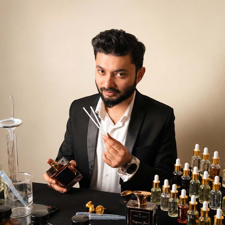 Ali Syed with materials for custom scents