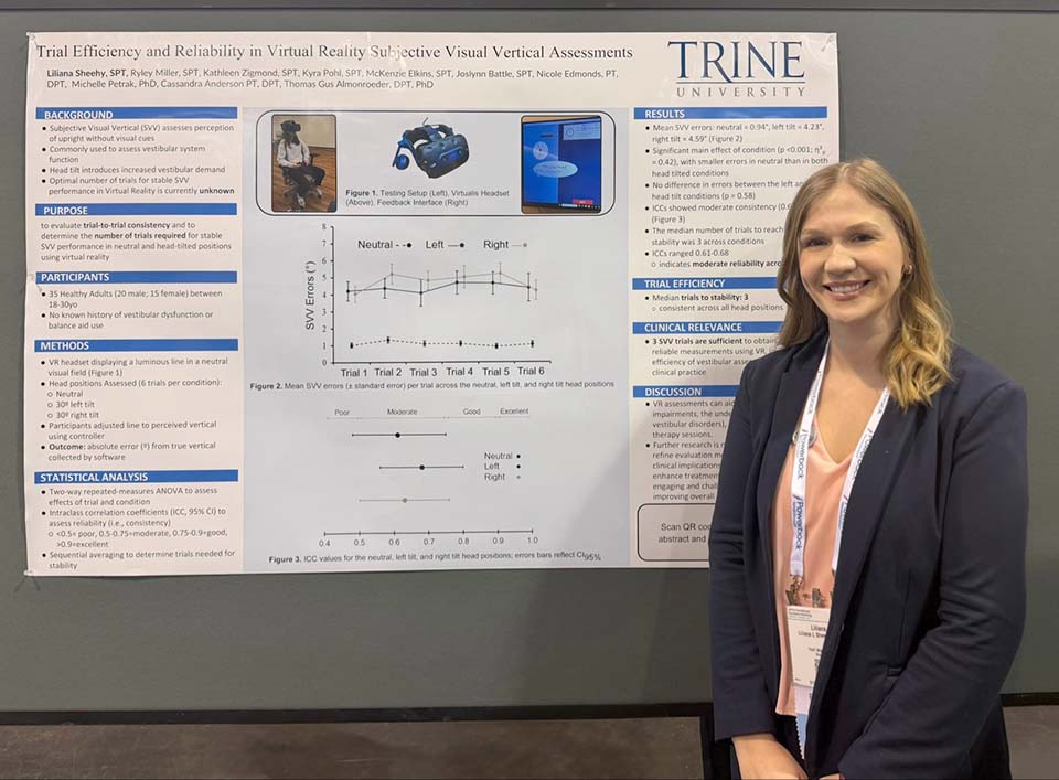 Trine DPT student Lily Sheehy with research poster